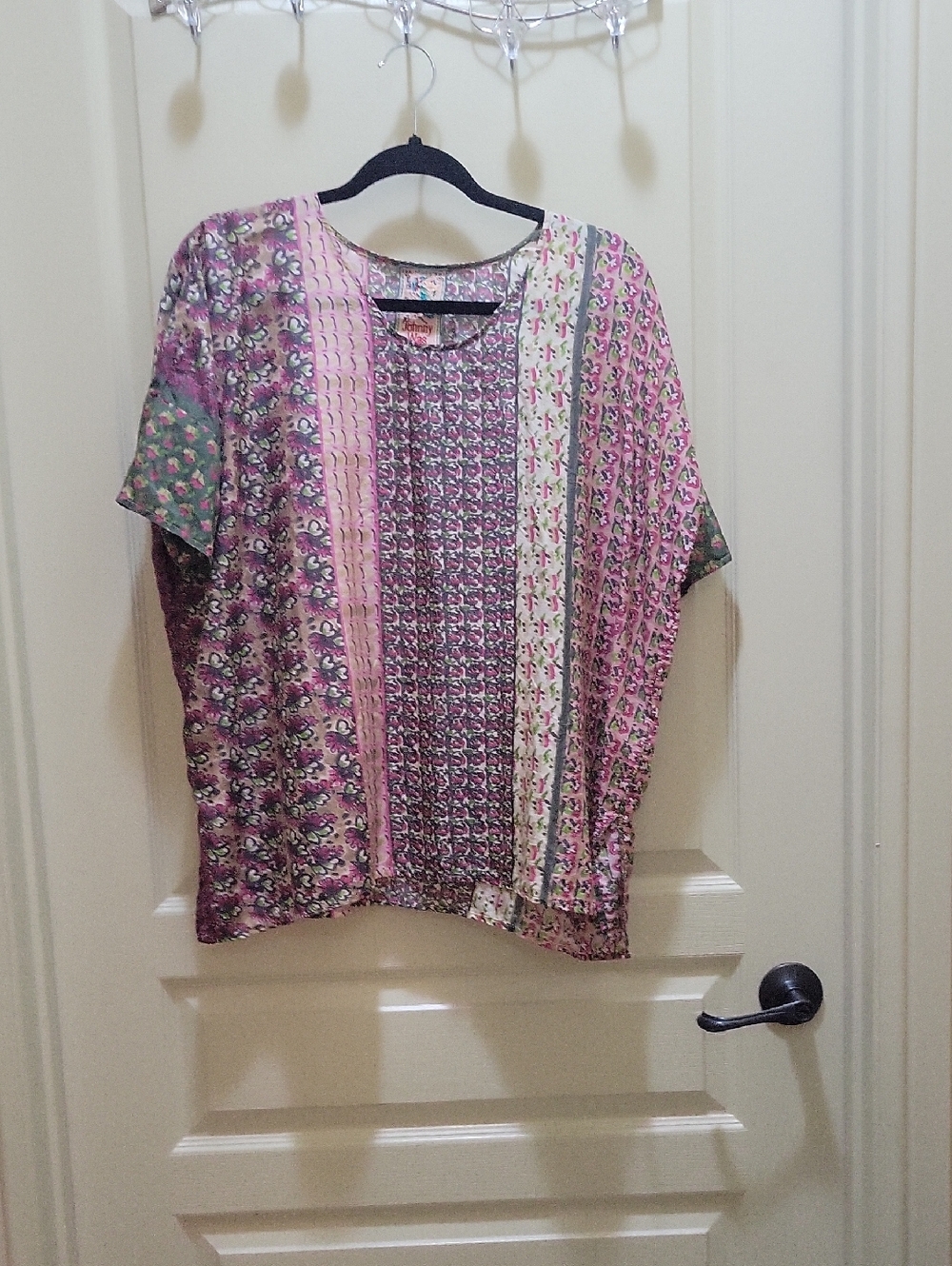 Johnny Was Silk Pink Patchwork Short Sleeve Tunic Top